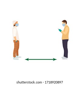 social distance. Full length of cartoon sick people in medical masks and gloves standing in line at a safe distance of 2 meters or 6 feet. flat vector illustration