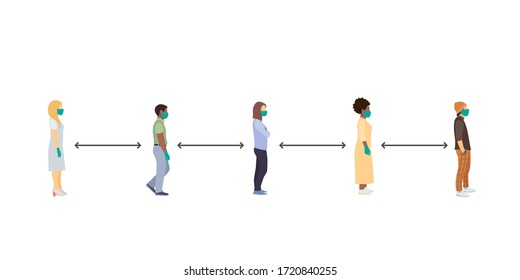 social distance. Full length of cartoon sick people in medical masks and gloves standing in line against at a safe distance of 2 meters or 6 feet. flat vector illustration