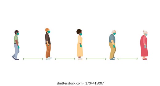 social distance. Full length of cartoon sick people in medical masks and gloves. grandparents standingare ahead of the line, black and white people on safe distance of 2 meters or 6 feet. flat vector