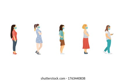 social distance. Full length of cartoon sick women in medical masks standing in line against at a safe distance of 2 meters or 6 feet. flat vector illustration