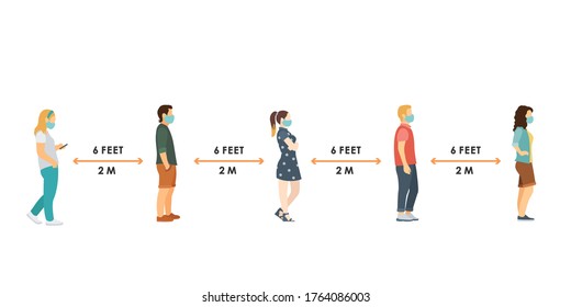 social distance. Full length of cartoon sick people in medical masks standing in line against at a safe distance of 2 meters or 6 feet. flat vector illustration