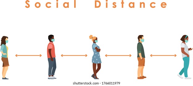 Social Distance. Full Length Of Cartoon Black And White Sick People In Medical Masks Standing In Line Against At A Safe Distance Of 2 Meters Or 6 Feet. Flat Vector Illustration