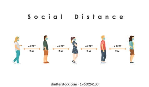 social distance. Full length of cartoon sick people in medical masks standing in line against at a safe distance of 2 meters or 6 feet. flat vector illustration