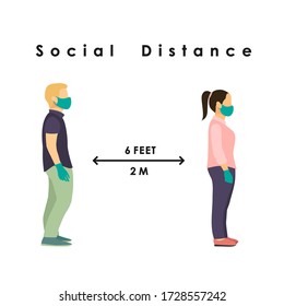 social distance. Full length sick people in medical masks and gloves standing against at a safe distance of 2 meters or 6 feet. flat vector illustration