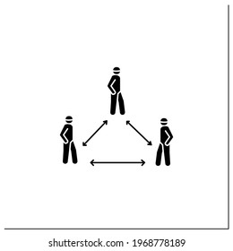 Social distance glyph icon.Triangle covid pandemic six ft space for infection prevention.Personal safety instruction during corona virus.Filled flat sign.Isolated silhouette vector illustration