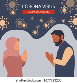 Social distance greeting example namaste to avoid corona virus. Flat design vector