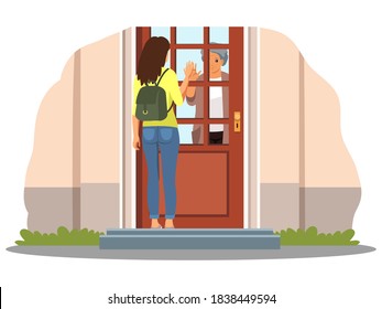 Social distance greeting with grandmother. Avoid virus spreading, corona virus prevention vector illustration. Senior woman isolation at home, girl waving through glass door.