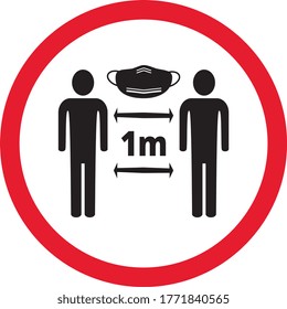 Social distance icon, 1 meter, please wears mask, red circle