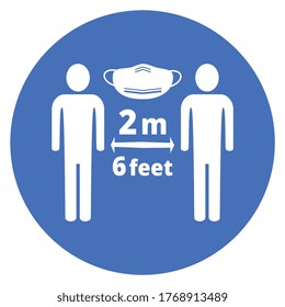 Social distance icon, 2 meter or 6 feet, please wears mask, blue background