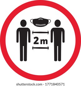 Social distance icon, 2 meter, please wears mask, red circle