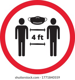 Social distance icon, 4 meter, please wears mask, red circle