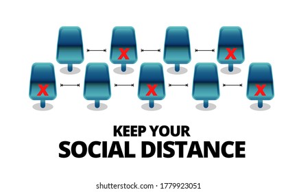 Silla de icono de distancia social con la redacción Mantener la distancia social, mantener espaciado entre sillas para evitar la propagación del virus de la corona (COVID-19). Concepto de distancia física o social. Vector.