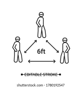 Social Distance Icon. People Keeping Six Ft Apart Triangle Line Pictogram. Concept Of Corona Virus Pandemic Precaution And Safety Measures. Editable Stroke Vector Illustration For Public Information