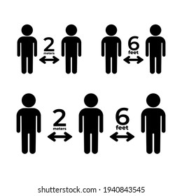 Social distance icon set. 2 meters and 6 foots. Poster vector illustration