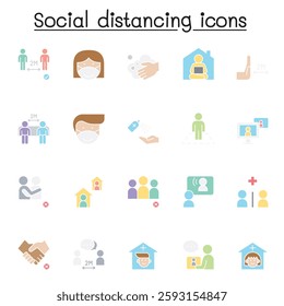 Social distance icon set in flat color style