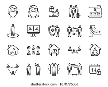 Social Distance Icons. Self Quarantine, Safe Distancing And Stay Home Line Icon. Man And Woman In Mask. Coronavirus Prevention Vector Set. Working At Home, Communicating Via Internet