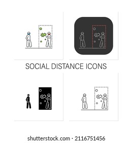 Social distance icons set. People sitting apart with space arrow. Concept of corona virus infection safe distance. Collection of icons in linear, filled, color styles.Isolated vector illustrations