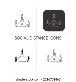 Social distance icons.Triangle covid pandemic six ft space for infection prevention.Personal safety instruction.Collection of icons in linear, filled, color styles.Isolated vector illustrations
