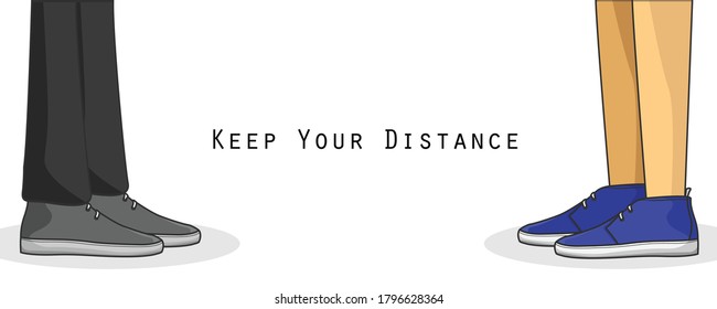Social distance illustration. Man feet wearing blue fashion shoes in hipster style, step with side view, Isolated on white background.
