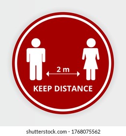 Social distance. Keep a distance of 2 meters, avoid the crowd. Round red marking mark for printing.