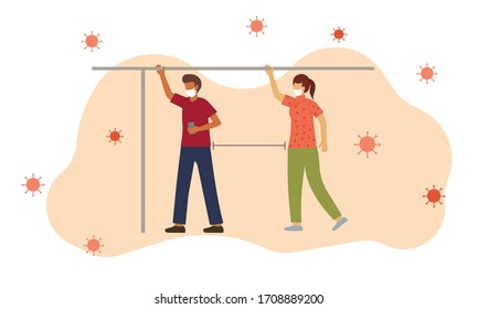 Social distance, keep distance in public society people to protect from COVID-19 coronavirus outbreak spreading concept, man and woman keep distance on public transport .
