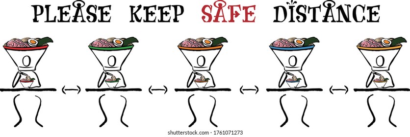 Social Distance Keep a safe distance of 2 meters or 6 feet between the bar or restaurant icon tables. People who eat Ramen Noodles. Vector image. Hand drawn lines.