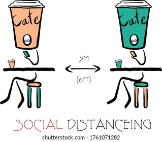 Social Distance Keep A Safe Distance Of 2 Meters Or 6 Feet Between Cafe Or Restaurant Icon Tables. People Drinking. Vector Image. Hand Drawn Lines.