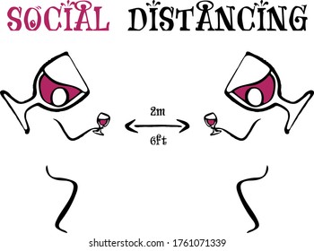 Social Distance Keep A Safe Distance Of 2 Meters Or 6 Feet Between Cafe Or Restaurant Icon Tables. People Toasting. Vector Image. Hand Drawn Lines.