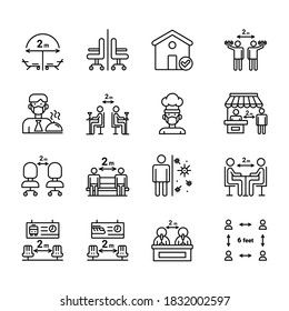 Social Distance Line Icon Set. Contain such icons as Keep Safe Distance, Stay Home, Prevention and more.