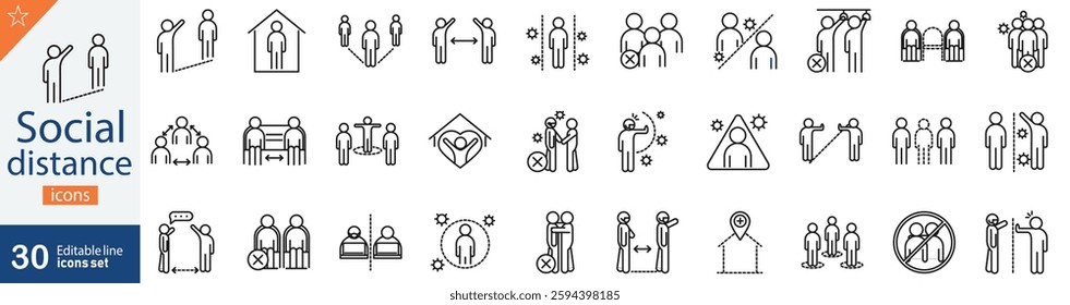 Social Distance Line Icons Set. Collection of 30 outline icons representing public health, safety measures, pandemic precautions, and physical distancing. Editable stroke . vector illustration.