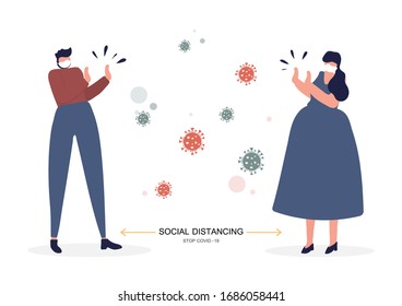 Distancia social, mantener la distancia en público para prevenir y detener la propagación del virus de la corona (COVID-19).  Ilustración vectorial.