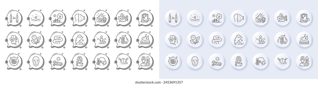 Social distance, Mattress and Prescription drugs line icons. White pin 3d buttons, chat bubbles icons. Pack of Cream, Medical mask, Lounger icon. Intestine, Thermometer, Stress pictogram. Vector