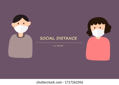 Social distance measure  in public among Covid19 or Coronavirus outbreak. Flat style illustration.