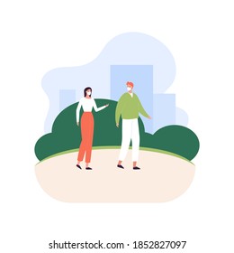 Social distance meeting in coronavirus pandemic concept. Vector people flat style illustration. Couple of man and woman friend or family in face mask walk and talking outdoor in city park.