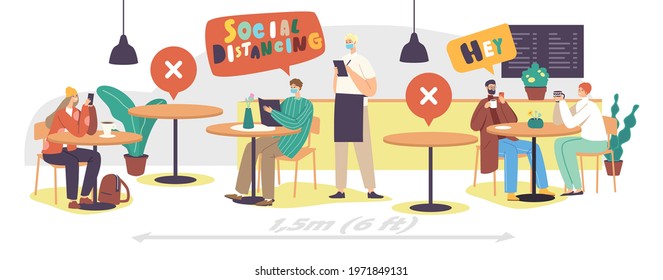 Social Distance and New Normal After Global Pandemic. Male Female Characters in Cafe or Restaurant After Coronavirus Outbreak Waiter in Mask Bringing Order and Menu. Cartoon People Vector Illustration