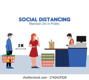 Social distance in New normal Concept, people standing at the cashier to queue. Keep the 2 meter distance in stores, Prevention of the spread of coronavirus infection COVID - 19. vector illustration.