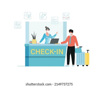 Social distance in new normal life at airport. Woman checkin worker and passenger with luggage at desk counter. People wearing facial protective mask. Prevent pandemic of corona virus or COVID-19