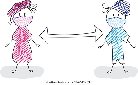 social distance. Observance of personal territory. Do not come close. World quarantine. The global epidemic. Cartoon people