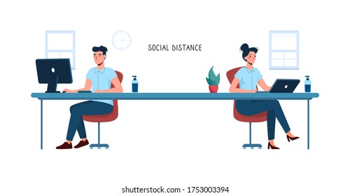 Social distance in the office. New safe work standards in enterprises. Man and woman workers, sitting and working at a distance from each other. Vector illustration, new business requirements, flat