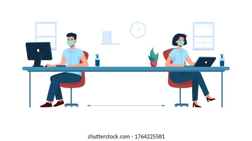 Social Distance In The Office. New Safe Work Standards. Man And Woman Workers, Sitting And Working At A Distance From Each Other, In Medical Masks . Vector Isolated, Flat, New Business Requirements.