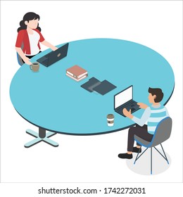 Social Distance At Office Workstation. Employees Are Meeting Together In Meeting Room With Maintain Social Distancing. Covid 19 Awareness Poster For Office Conference Room.