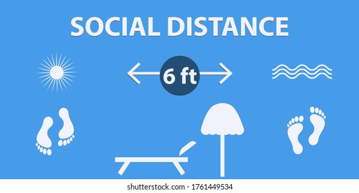 Social Distance on the Beach - 6 Feet pictogram - vector. Banner. Concept Preventive measures of protection.