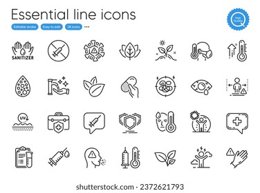 Social distance, Organic tested and Difficult stress line icons. Collection of Vaccine message, No vaccine, Uv protection icons. Washing hands, Use gloves, Medical syringe web elements. Vector