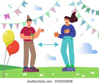 Social distance at a party concept. People stand at a distance from each other.  Flat vector illustration.

