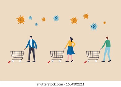 Social Distance People Keep Distance Away In Public To Protect COVID-19 Coronavirus Flu Outbreak, People With Shopping Cart Trolley Wait In Line Or Queue Keep Away Distance With COVID-19 Pathogen.