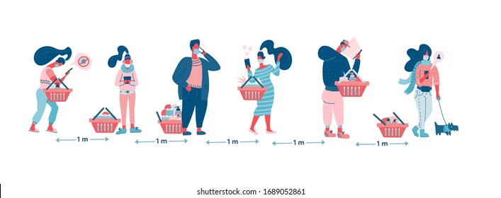 Social distance people keep distance away in public to protect COVID-19 Coronavirus flu outbreak, people with shopping cart trolley wait in line or queue keep away distance with COVID-19 pathogen.