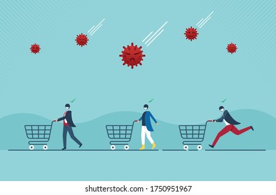 Social distance people keep distance away in public to protect Coronavirus or COVID-19 flu outbreak and  people with shopping cart trolley wait in line.  Vector illustration cartoon design.