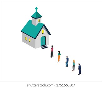 Social distance for People queue to enter the church , New normal is social distancing and wearing mask after COVID-19 pandemic concept, vector illustration