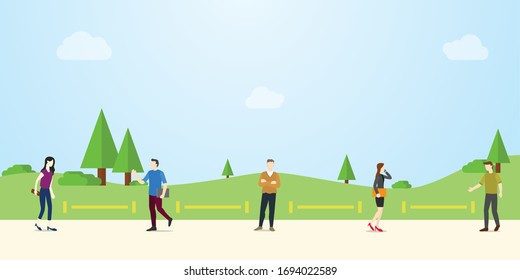 social distance or physical distancing concept with people and some distance illustration in public area with modern flat style