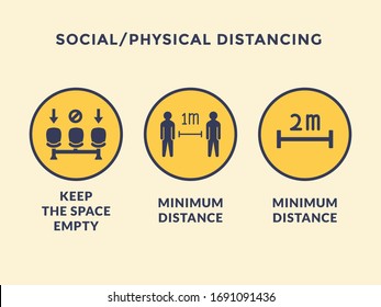 social distance or physical distancing icon collection with chair and minimum distance 